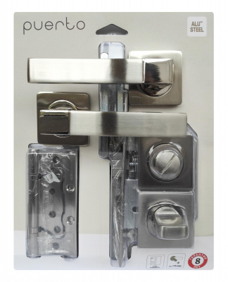 Комплект дверной фурнитуры PUERTO (ручка, защелка с/у, петли безВР), никель матовый/никель блестящий